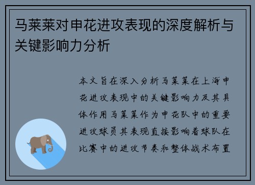 马莱莱对申花进攻表现的深度解析与关键影响力分析